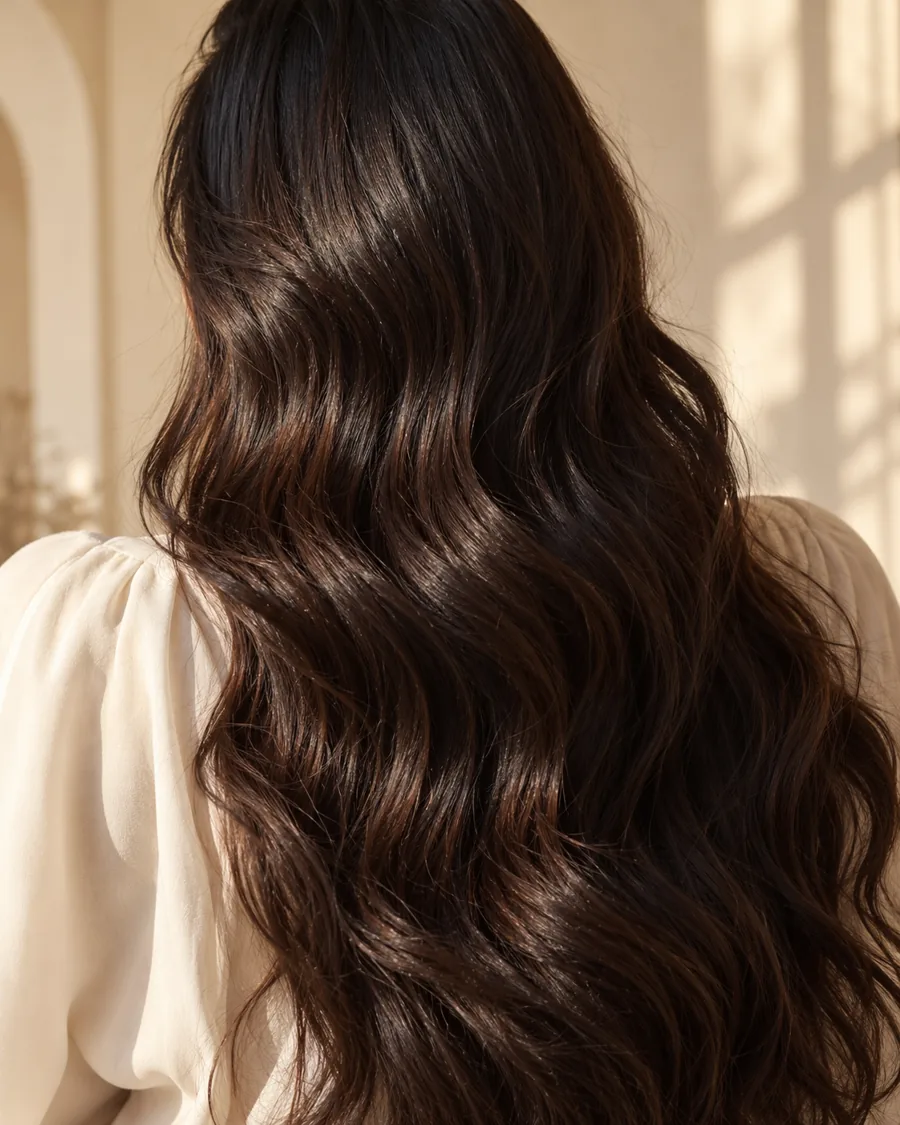 Détail de cheveux bruns ondulés — visuel d’ambiance généré